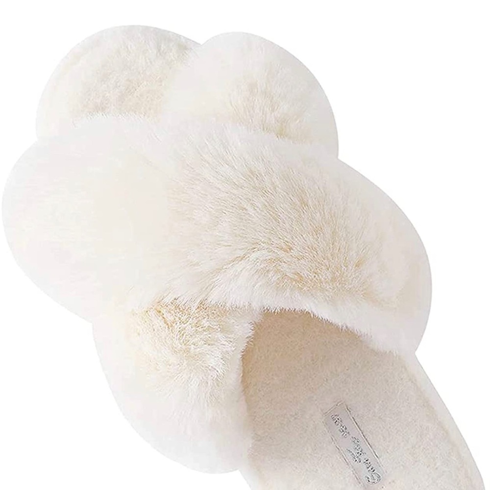 GaraTia Open Toe Slippers Plush Cross Band Fleece Fluffy Memory Foam Slippers